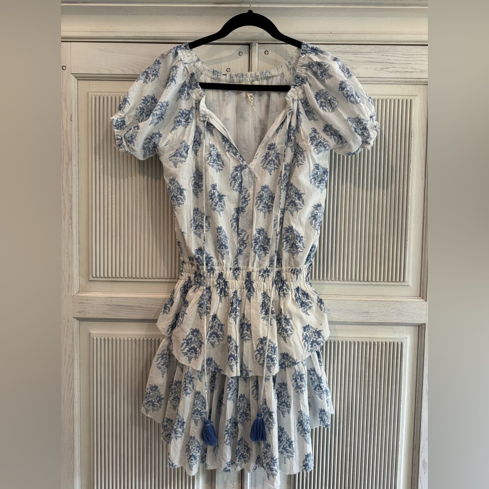 NIBI MTK Hamptons Elegant Blue Floral Dress with Puff Sleeves XS